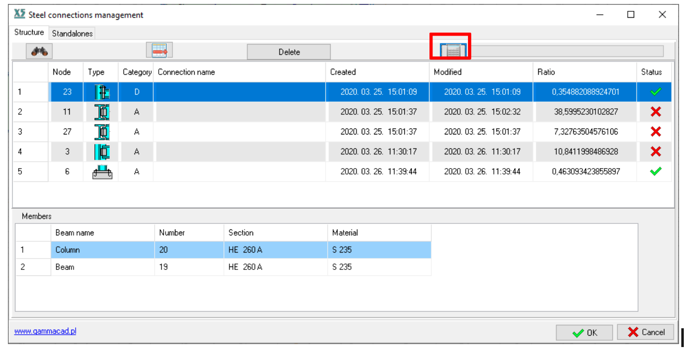Steel connections management screenshot